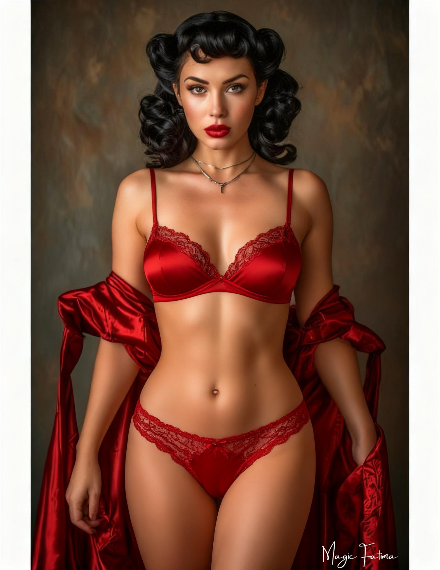 Woman wearing a red lingerie set with a draped fabric against a brown background