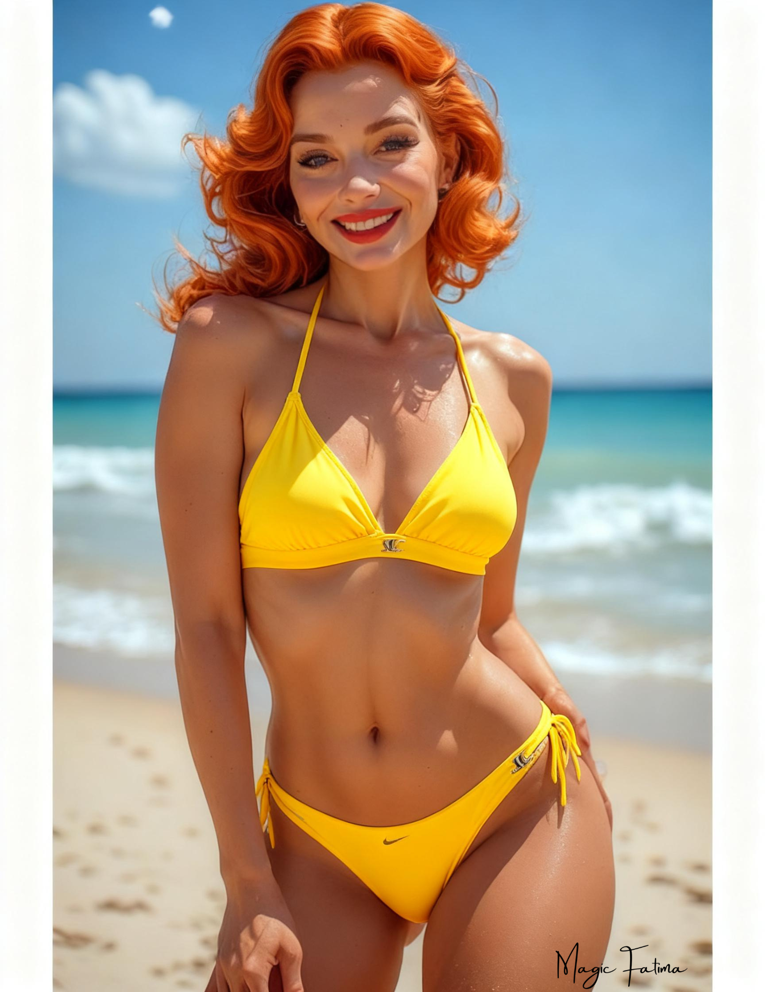 Woman in a yellow bikini standing on a beach with clear blue sky and ocean.