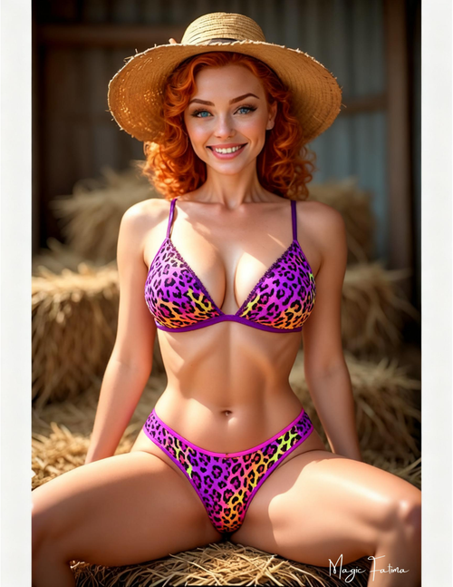 Woman in a colorful bikini and straw hat sitting on hay.