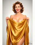 Woman holding a gold fabric against a gray background