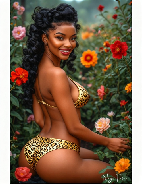 Woman in leopard print bikini sitting among flowers