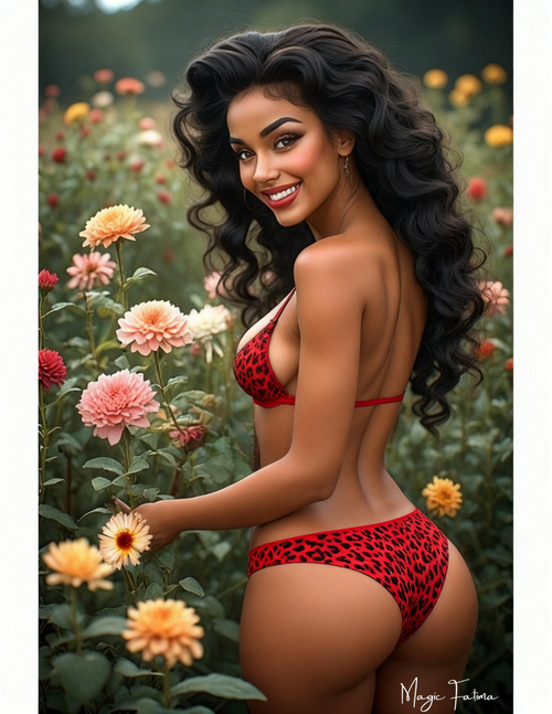 Woman in a red bikini with leopard print pattern standing in a flower field