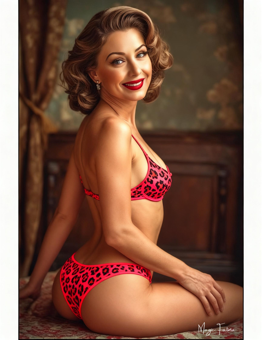 Woman wearing a red leopard print bikini sitting on a patterned surface.