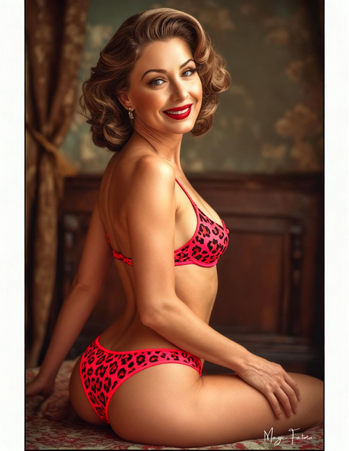Woman wearing a red leopard print bikini sitting on a patterned surface.