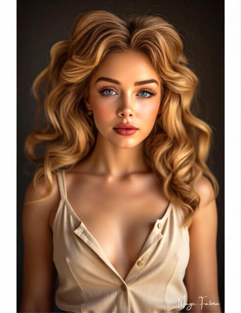 Woman with long, wavy blonde hair wearing a beige top against a dark background