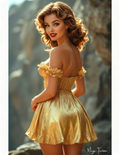 Woman in a yellow dress standing against a mountainous background