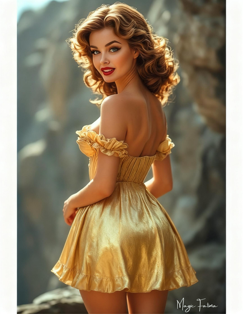 Woman in a yellow dress standing against a mountainous background