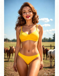 Woman in a yellow bikini standing in a field with horses in the background