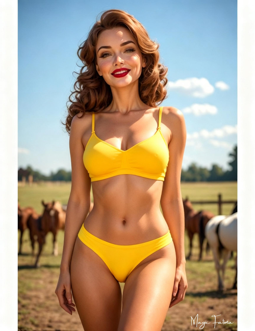 Woman in a yellow bikini standing in a field with horses in the background