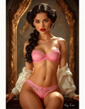Woman wearing a pink bra and panties set with a decorative background