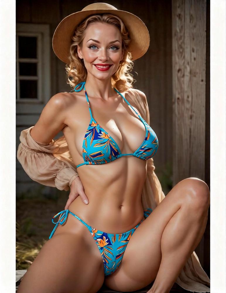 Woman in a blue bikini with floral patterns sitting outdoors.