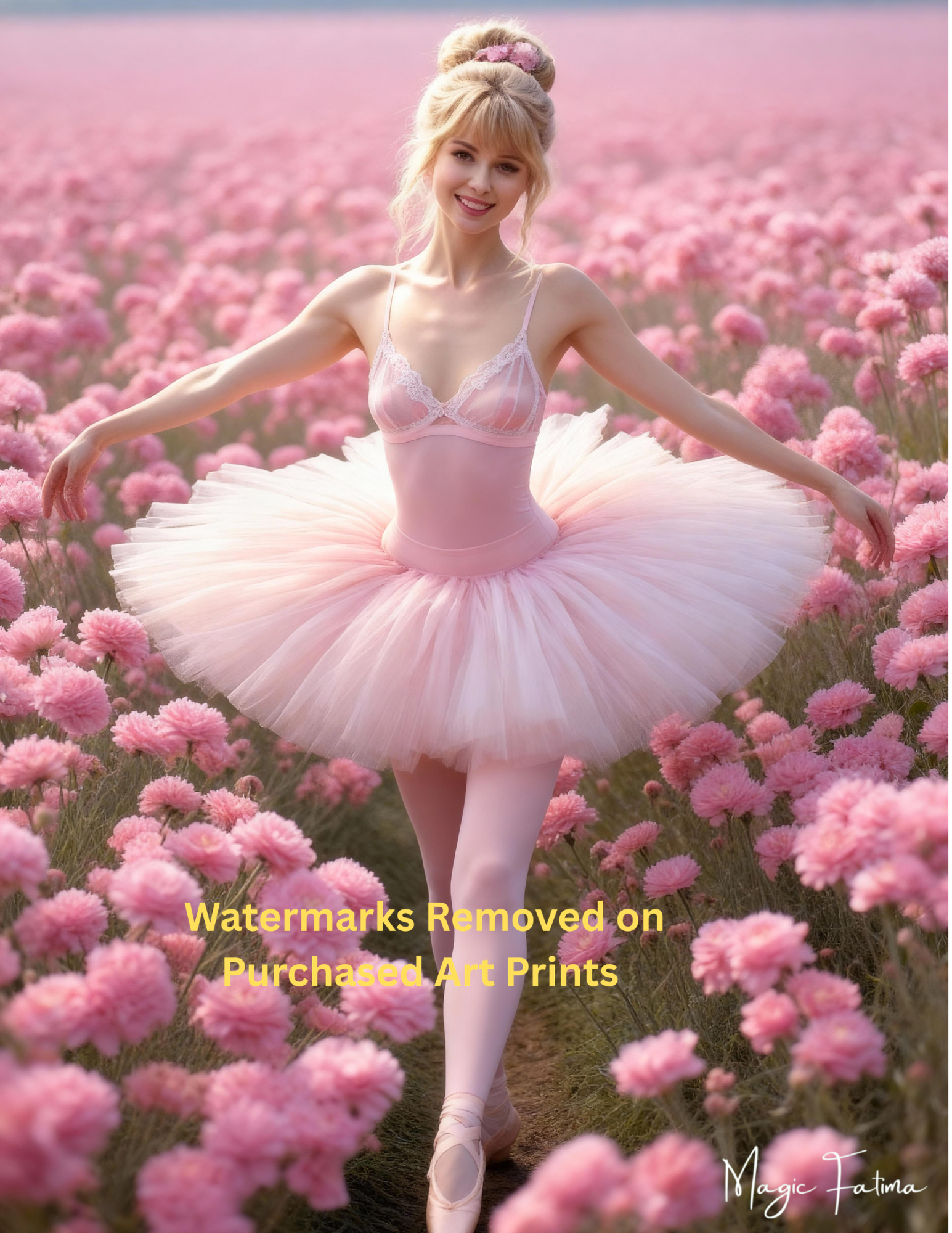 Ballerina in a pink tutu standing in a field of pink flowers with nude version included