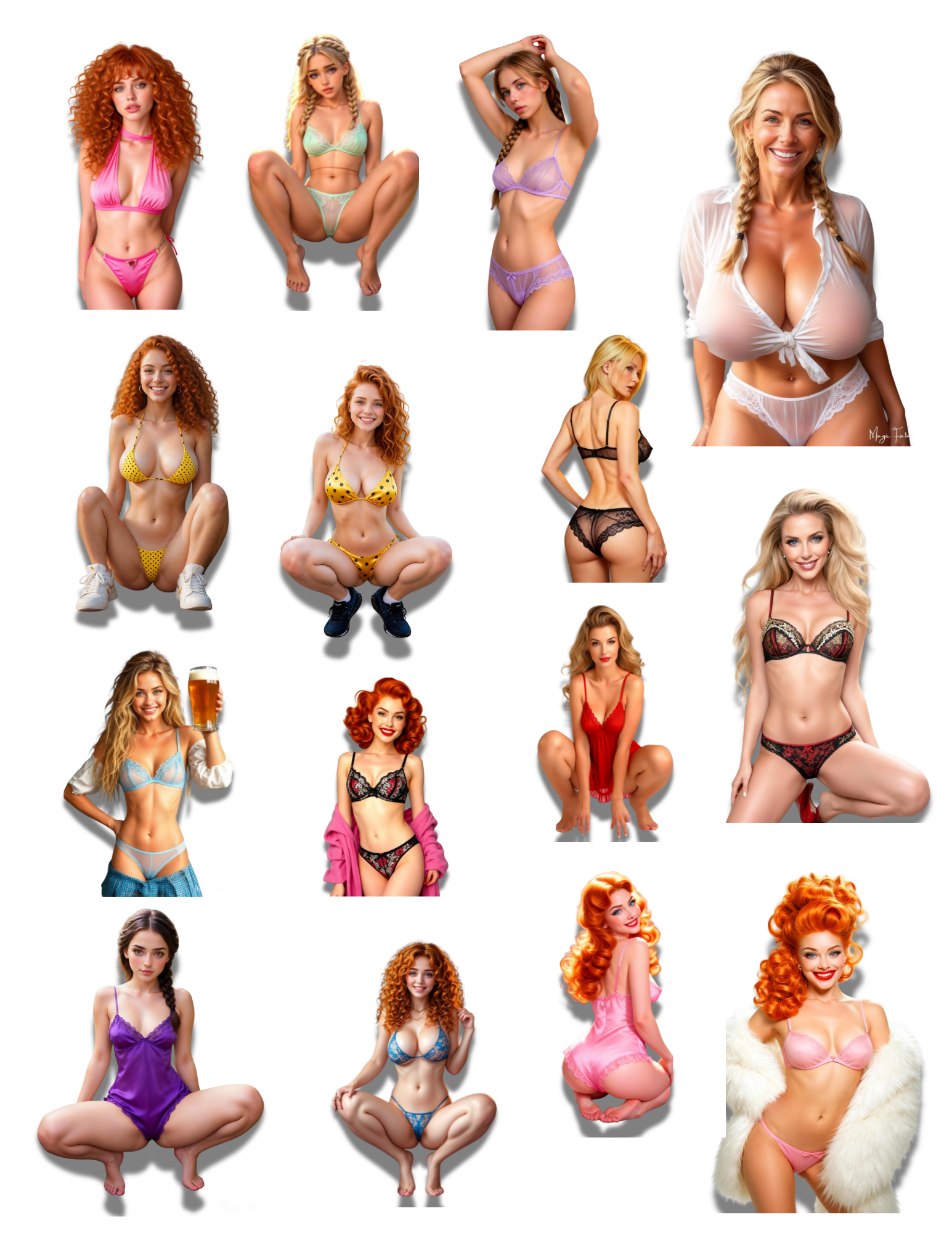 Collage of women in various poses and outfits on a white background