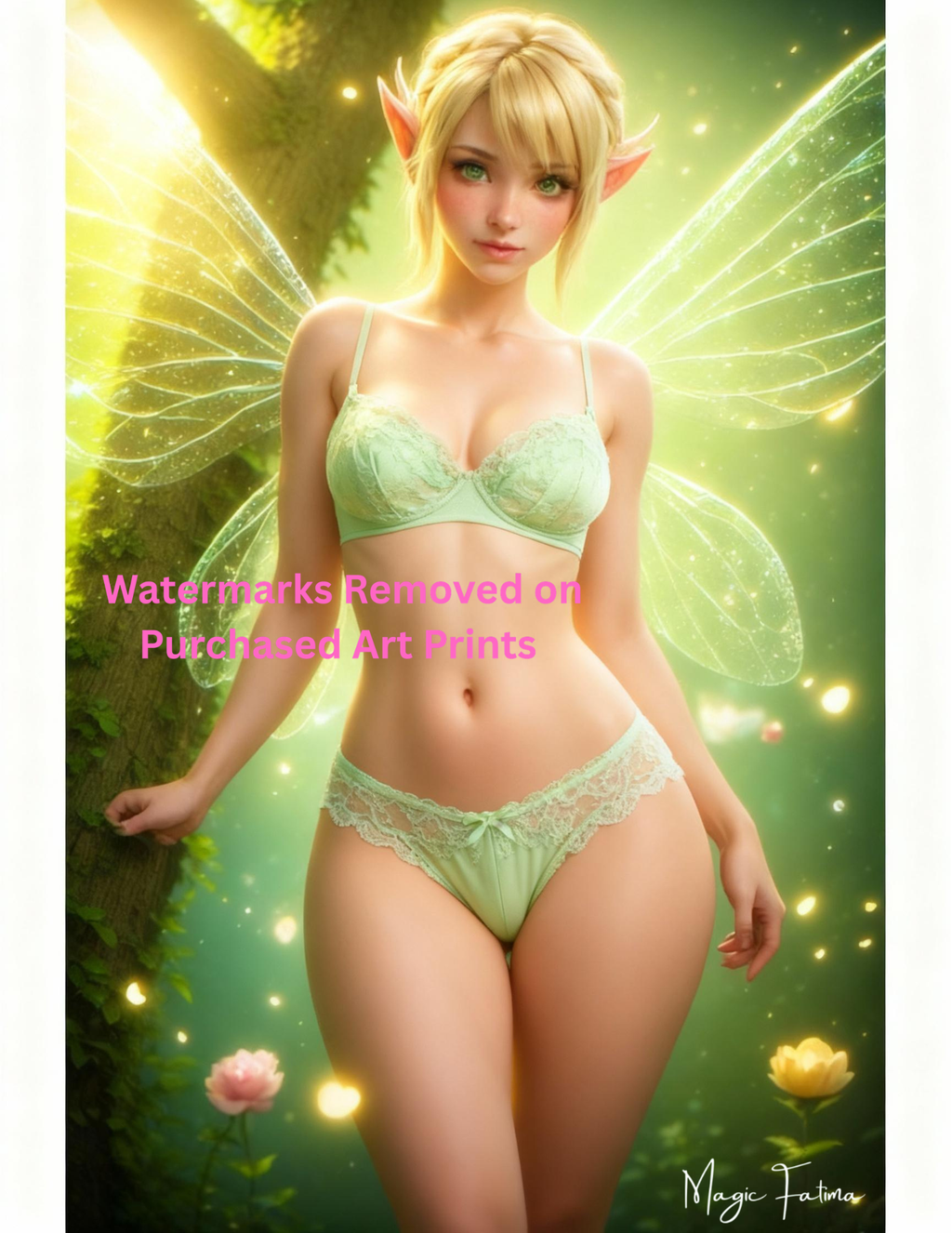 Elven fairy character in green lingerie with glowing wings and flowers on a green background with nude version 2 included