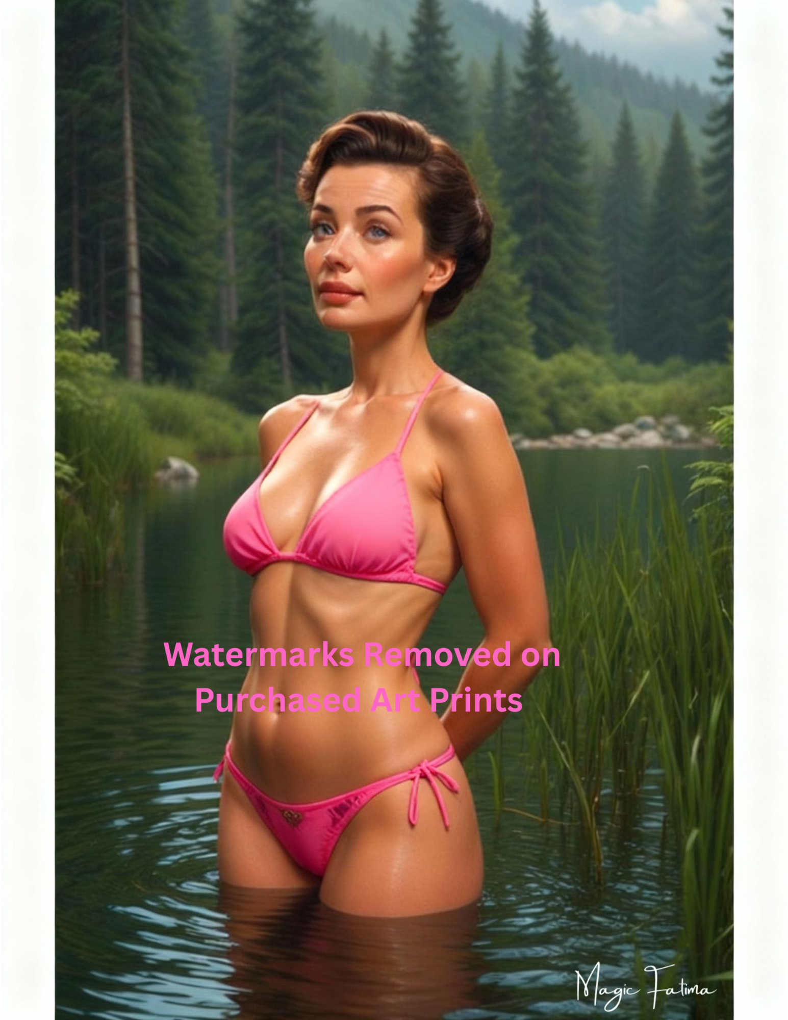 Woman in a pink bikini standing in water with trees in the background with Nude Version included