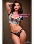 Model wearing a black and gray patterned lingerie set on a brown background with nude version 2 included