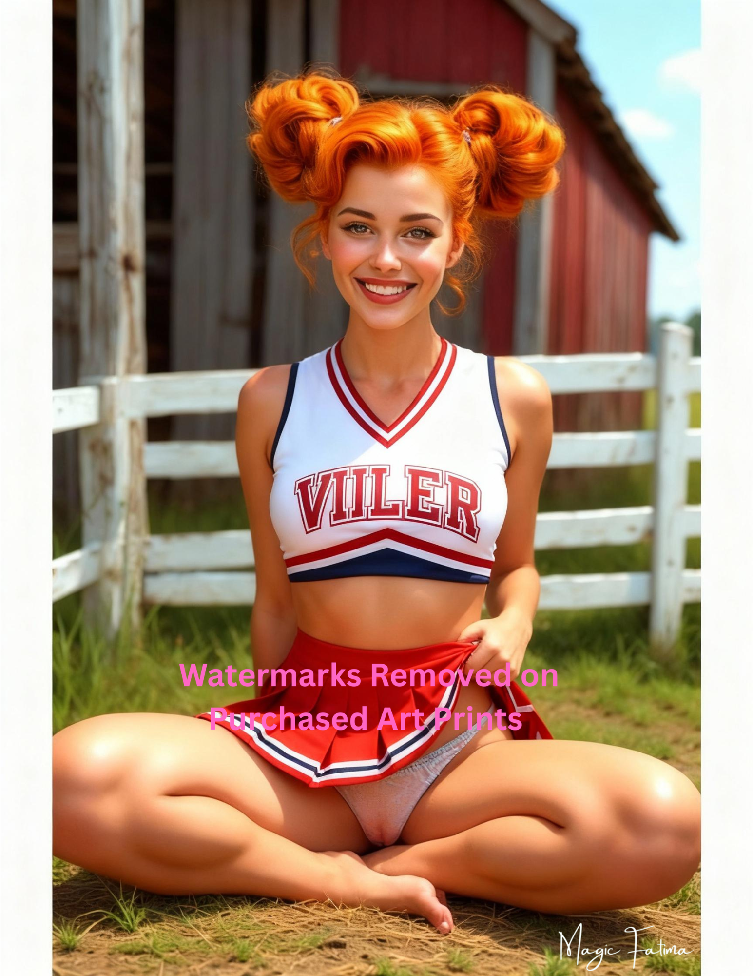 Person in a cheerleading outfit sitting on the ground with a barn in the background with nude version 2 included