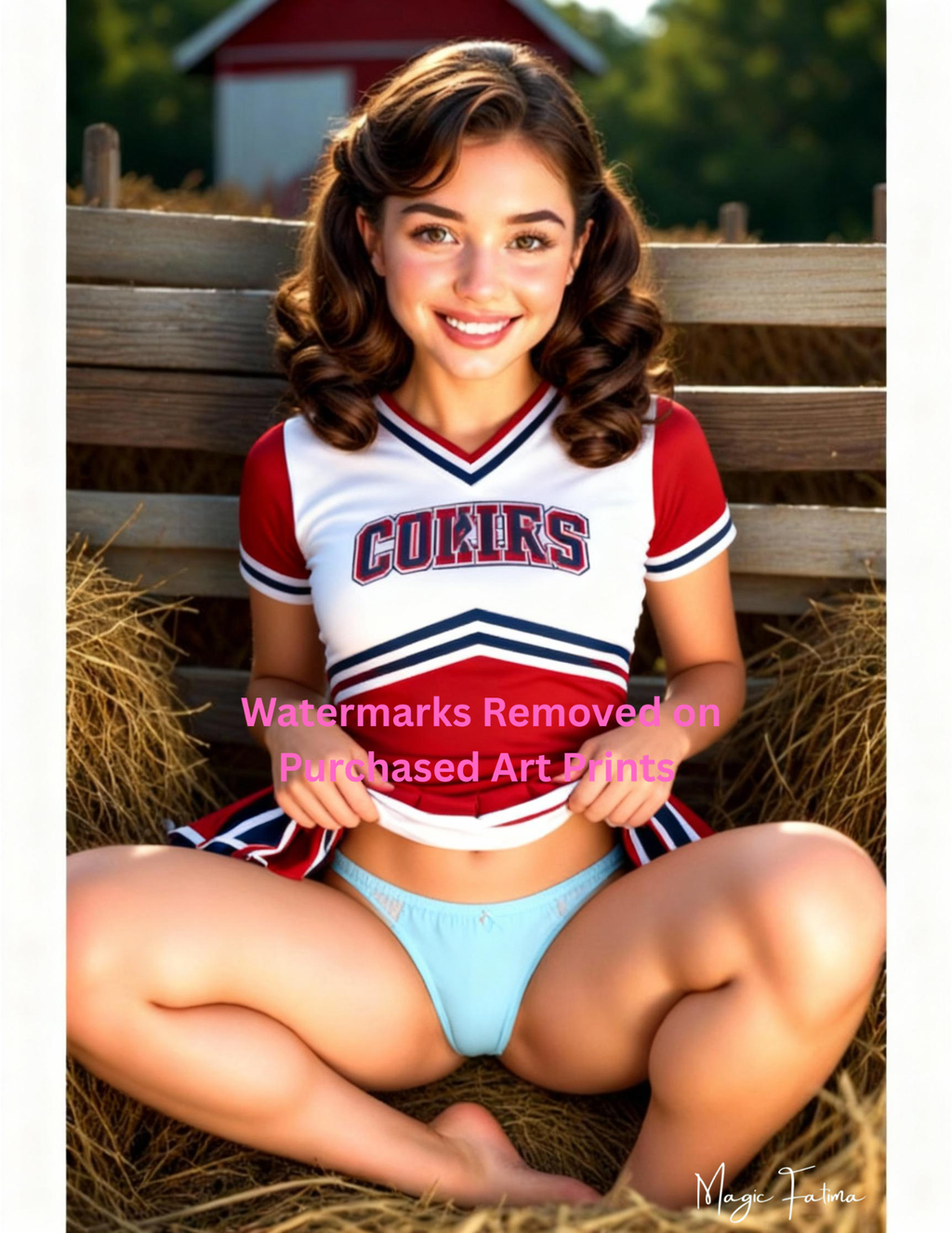Person in a cheerleading uniform sitting on hay with a wooden fence and red building in the background with nude version 2 included