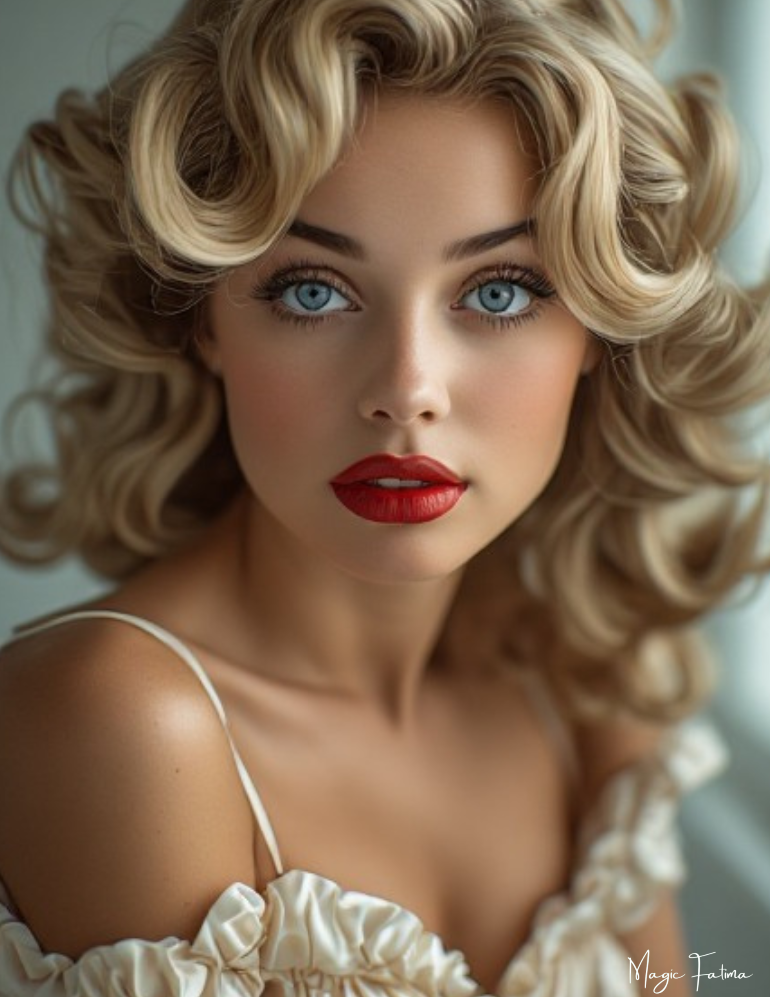 Woman with blonde hair and red lipstick wearing a white top.