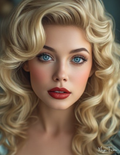 Close-up of a woman with blonde hair and blue eyes, wearing red lipstick.