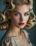 Close-up of a woman with styled blonde hair and makeup, wearing a beige top.