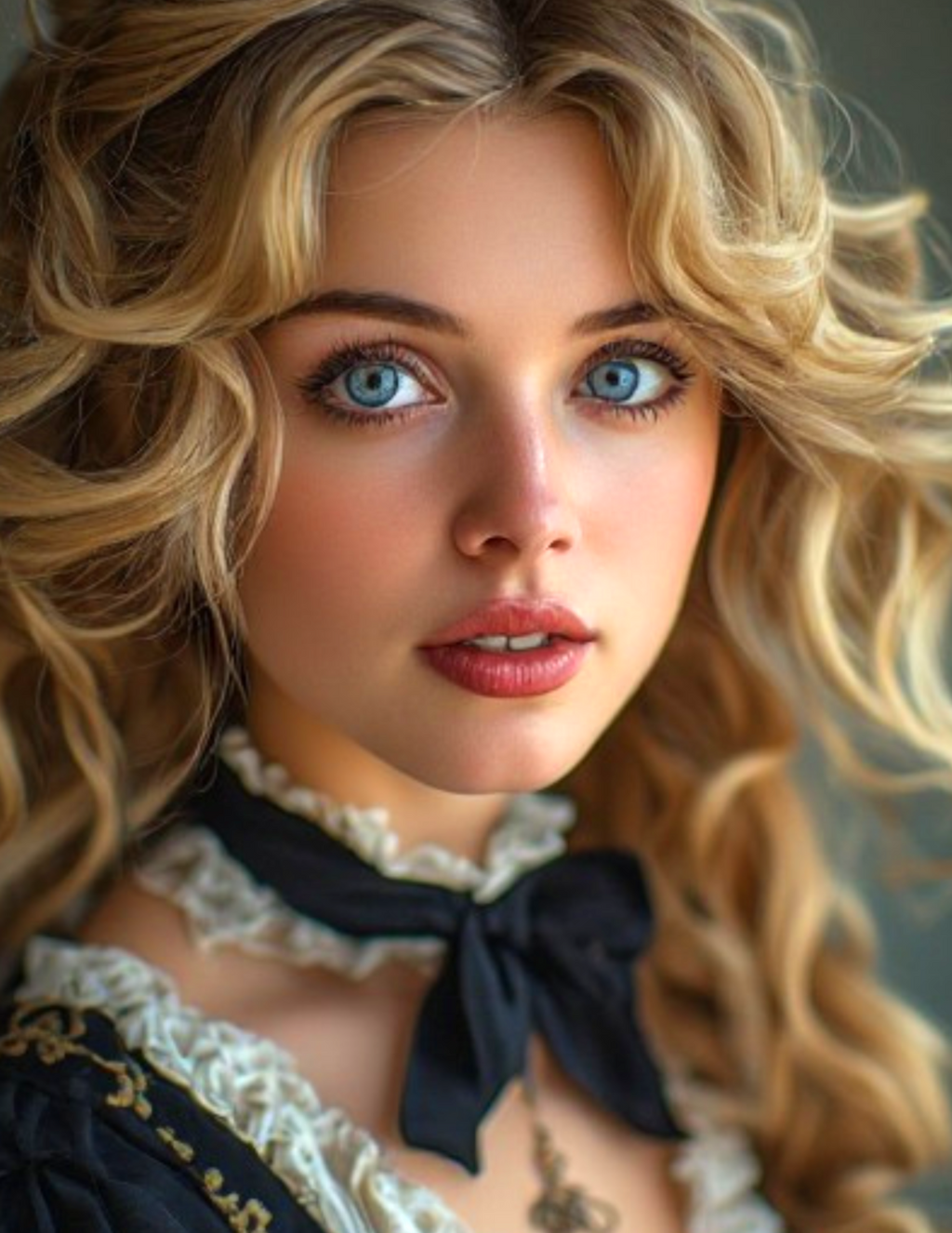 Woman with blonde hair and blue eyes wearing a black top with lace details.
