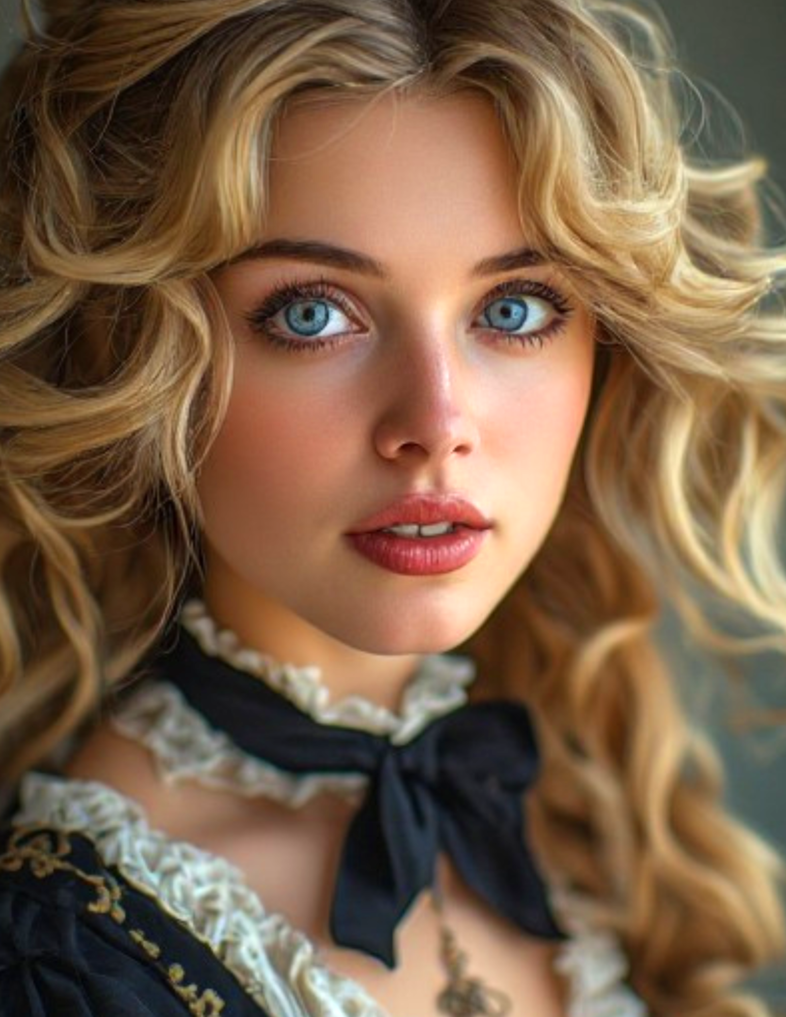 Woman with blonde hair and blue eyes wearing a black top with lace details.