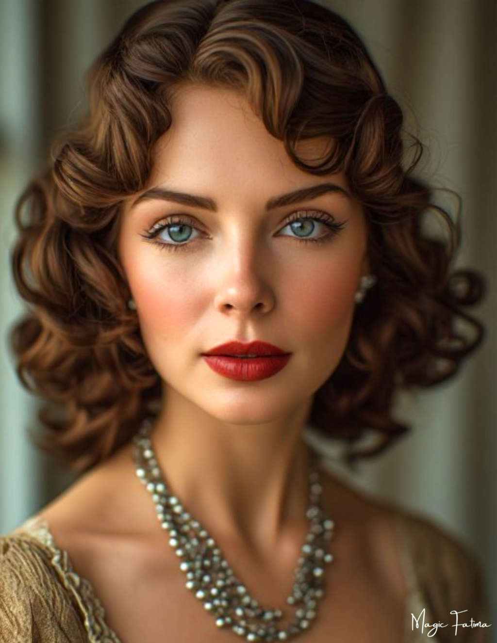 Woman with vintage-style hair and makeup wearing a necklace.