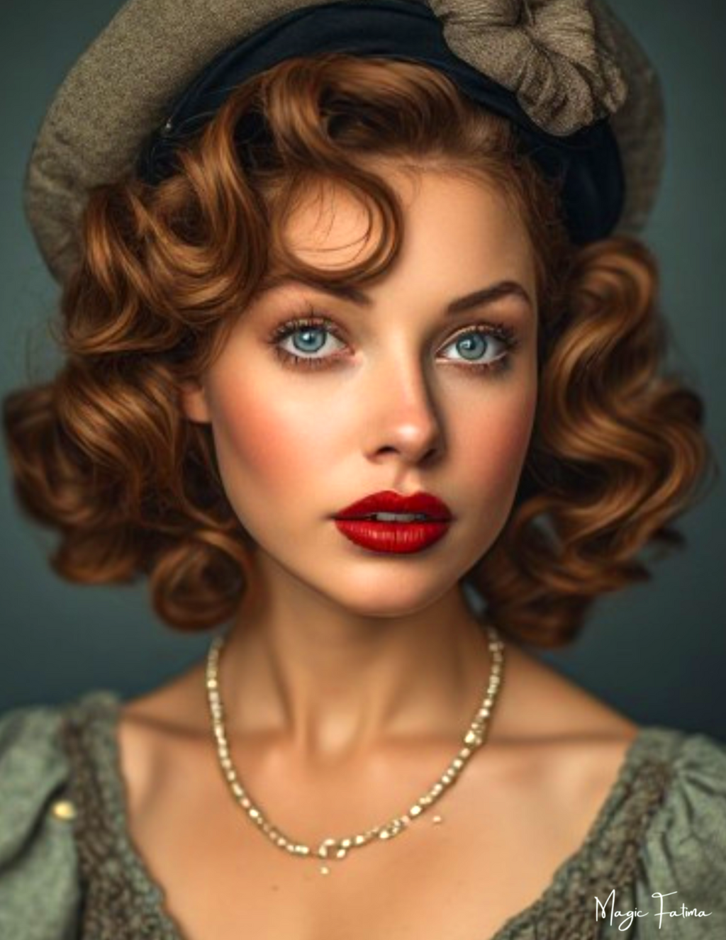 Woman with curly hair wearing a hat and red lipstick against a gray background