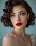 Woman with styled hair and red lipstick against a light blue background