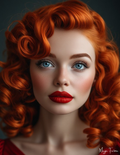 Close-up of a woman with red hair and red lipstick against a dark background