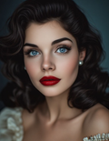 Portrait of a woman with vintage-style makeup and hair against a dark background