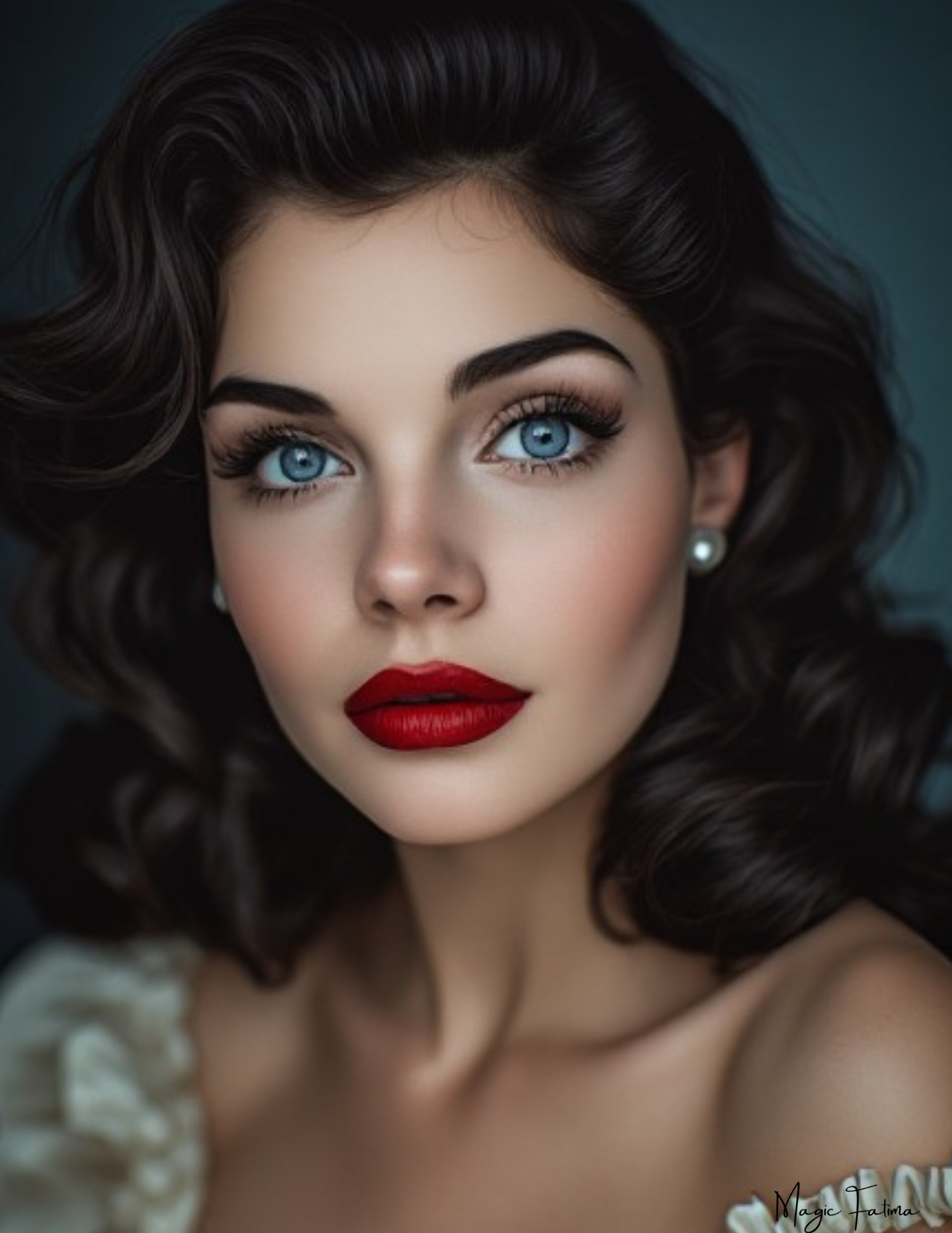 Portrait of a woman with vintage-style makeup and hair against a dark background