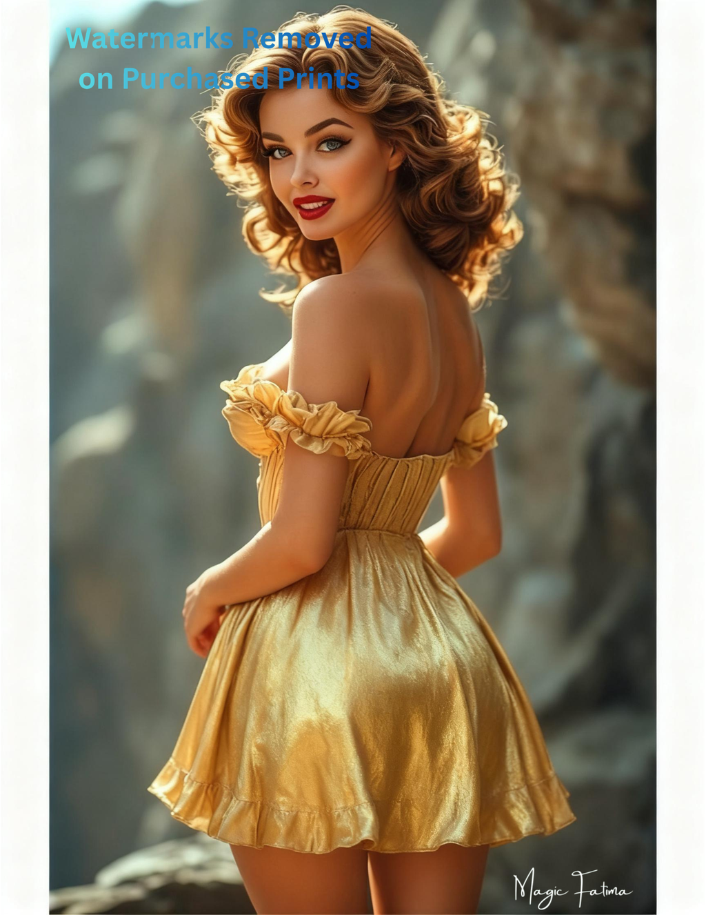 Woman in a yellow dress standing outdoors with nude version 2 included