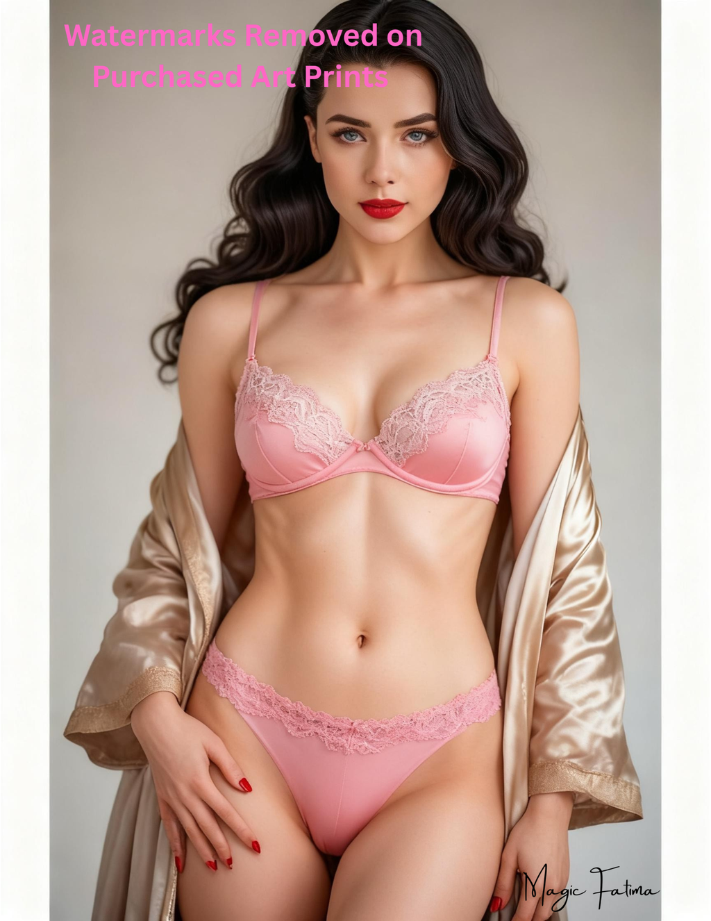 Woman wearing a pink lingerie set with a beige robe with nude version 2 included