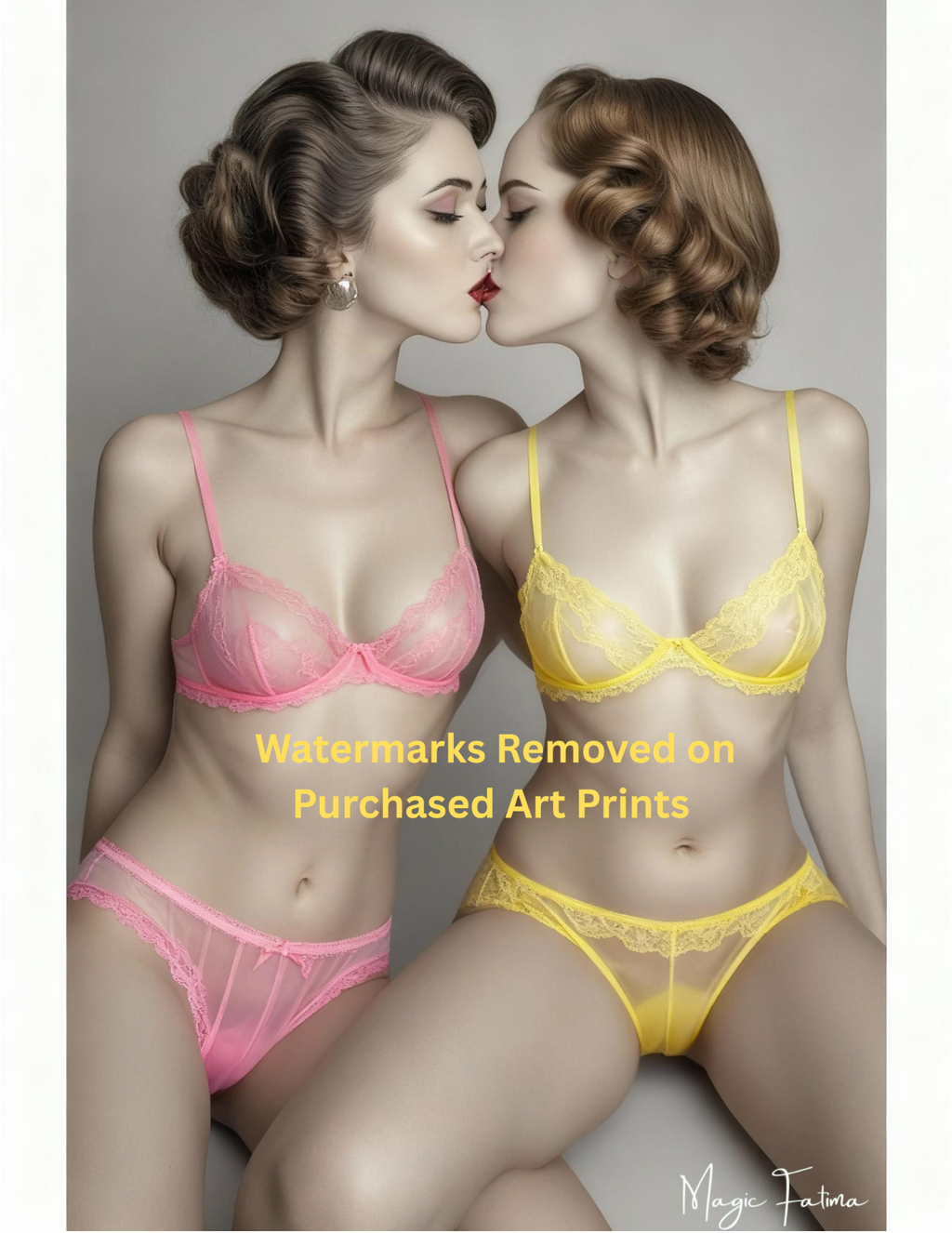 Two women in pink and yellow lingerie posing with nude version included