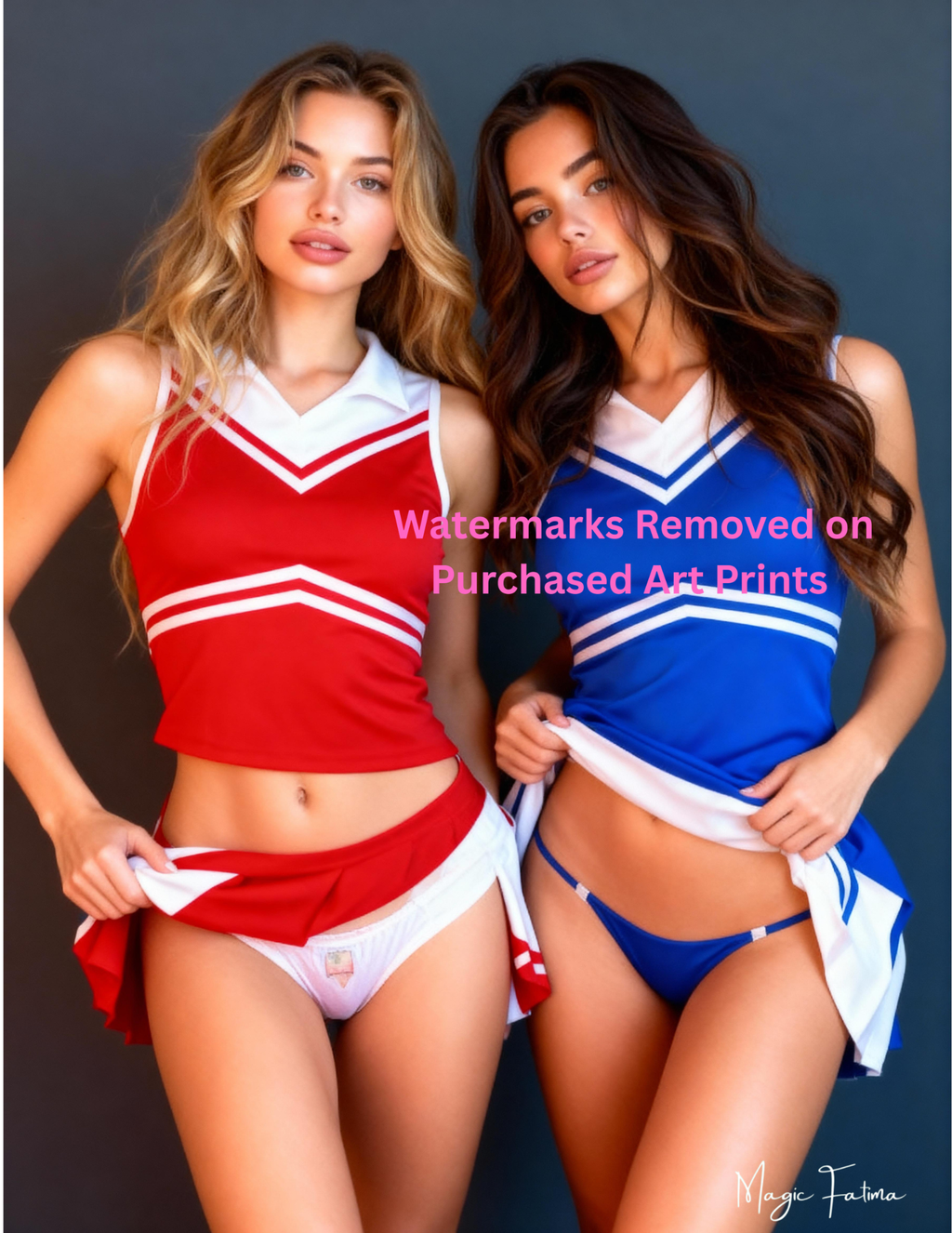 Two women in red and blue cheerleading outfits with nude version 2 included