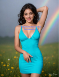 Woman in a blue dress standing in a field with nude version included