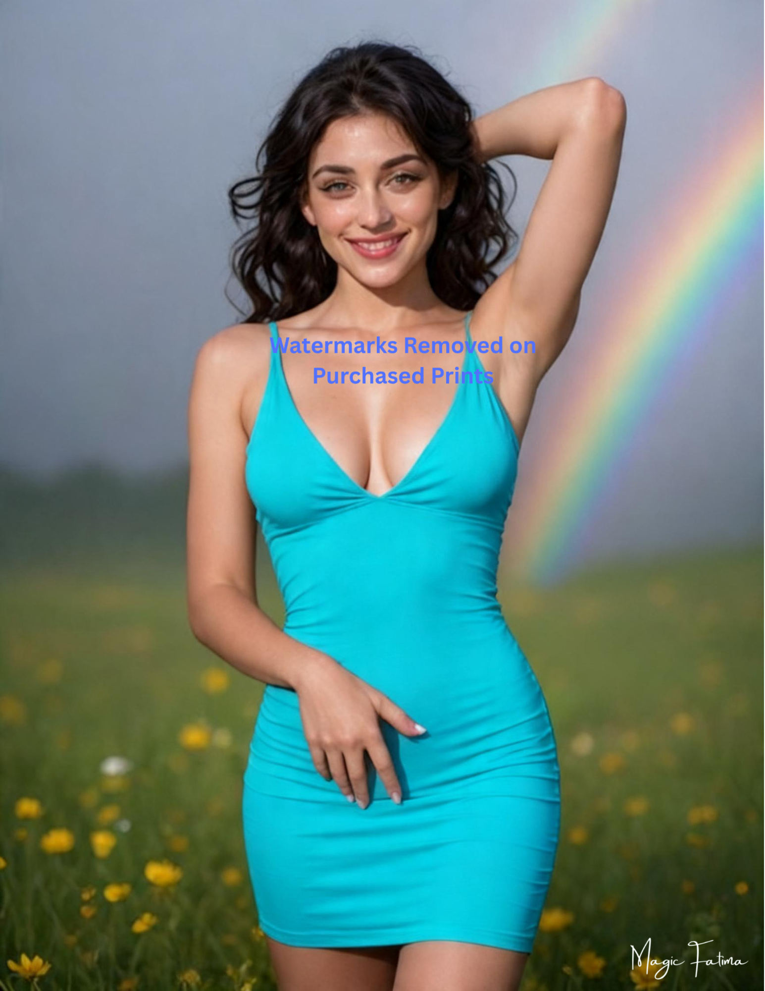 Woman in a blue dress standing in a field with nude version included