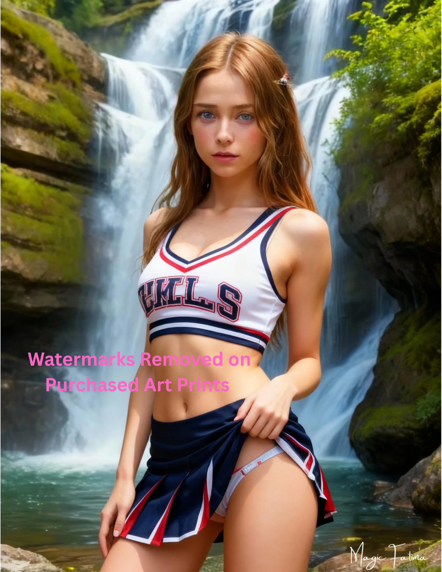 Woman in a cheerleading outfit standing in front of a waterfall standing in front of a waterfall with nude version 2 included