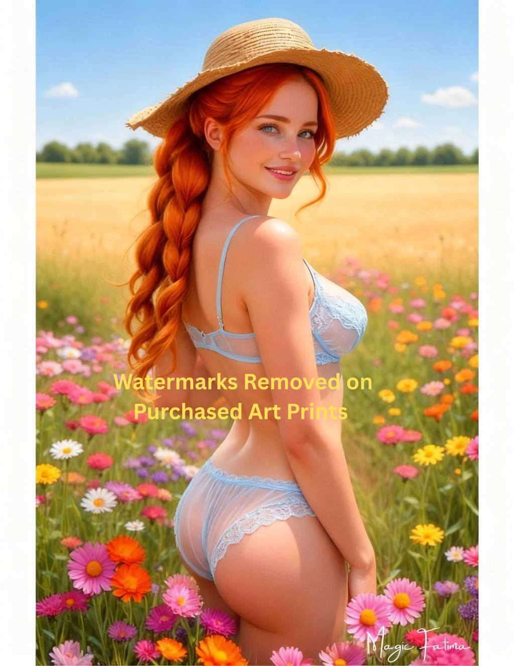 Woman in a field of flowers wearing a straw hat and white lingerie with nude version included free