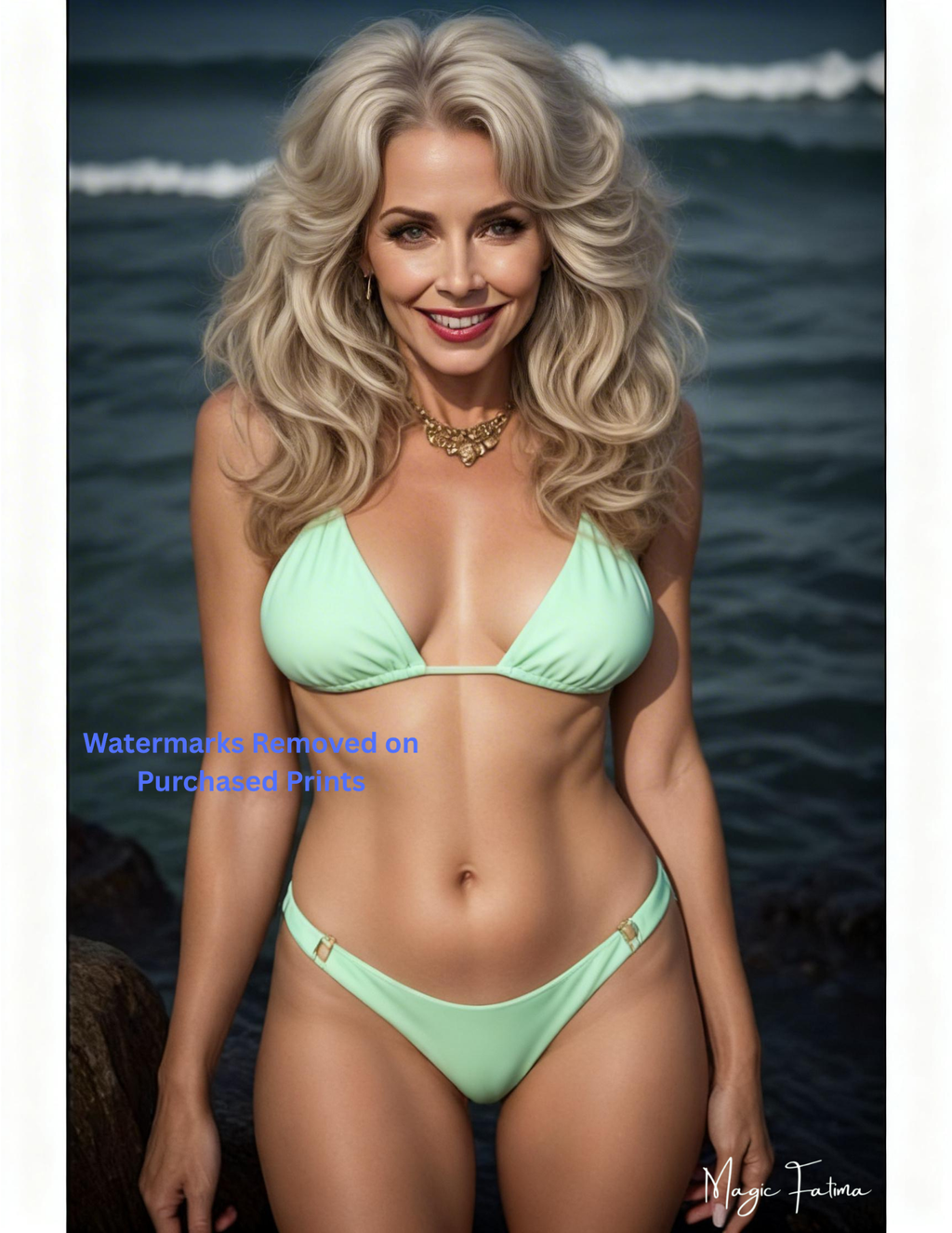 Woman in a green bikini with nude version included