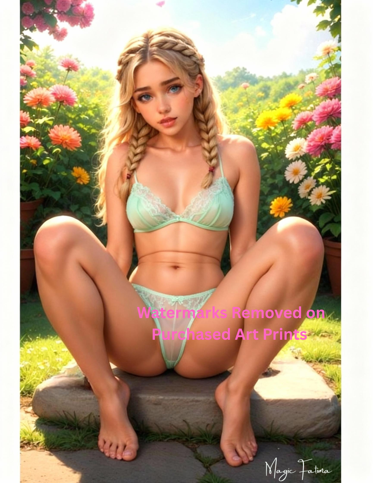 Woman in a green bikini sitting on a stone in a garden with flowers, nude version included