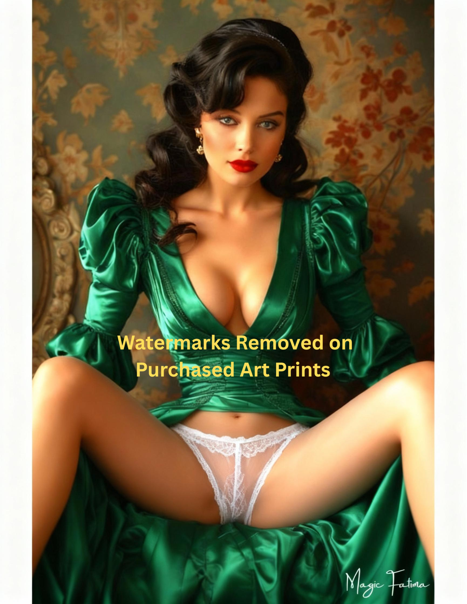 Woman in a green dress and white underwear against a patterned wall with nude version included