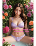 Woman in a lavender bra and panties sitting among flowers with nude version included