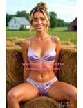 Woman in a lavender bra and panties sitting on a hay bale with Nude Version included