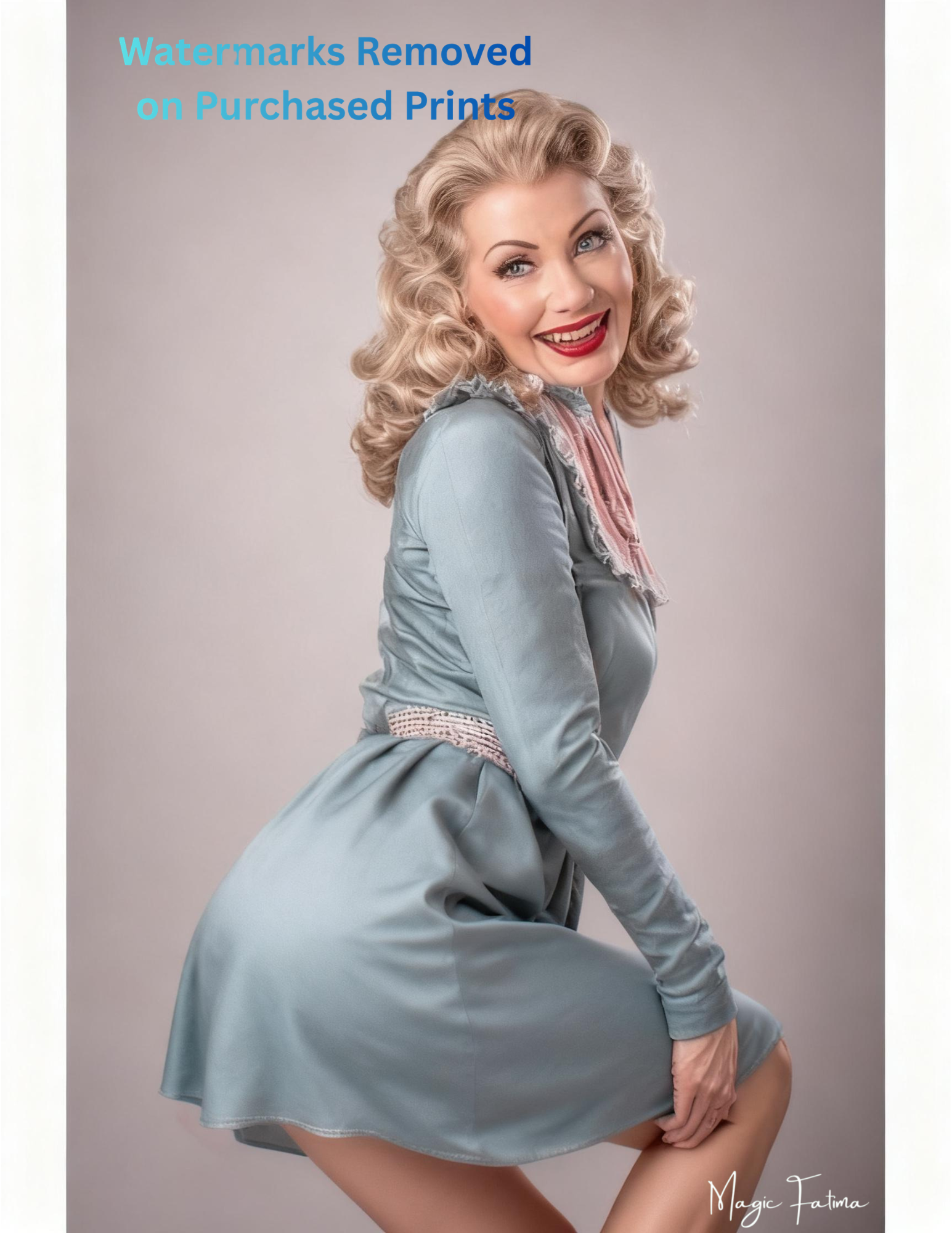 Woman in a light blue dress posing against a plain background with nude version 2 included