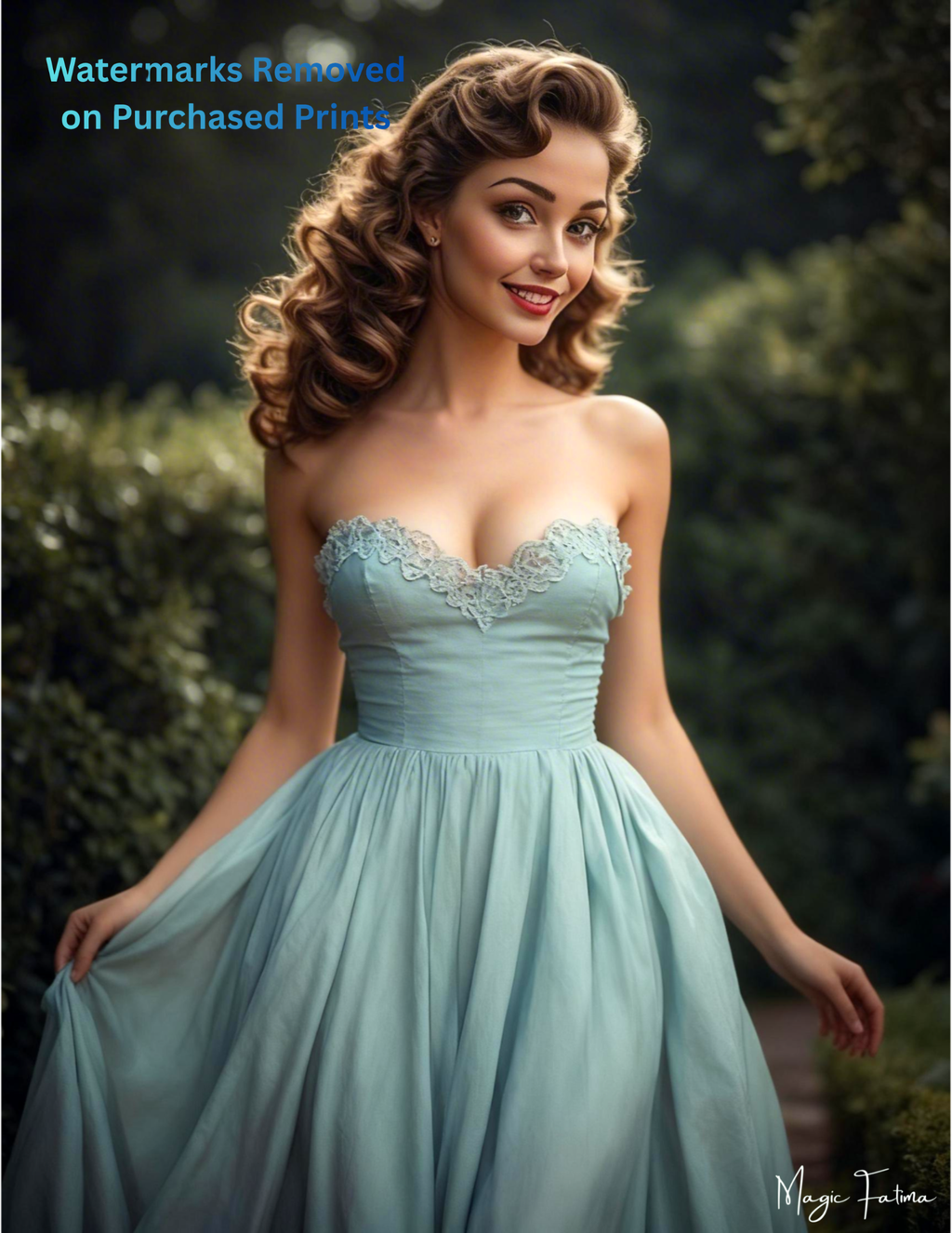 Woman in a light blue dress with lace details standing outdoors with nude version 2 included