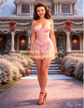 Woman in a pink lace outfit standing in front of a decorated house with Christmas bows with nude version included free