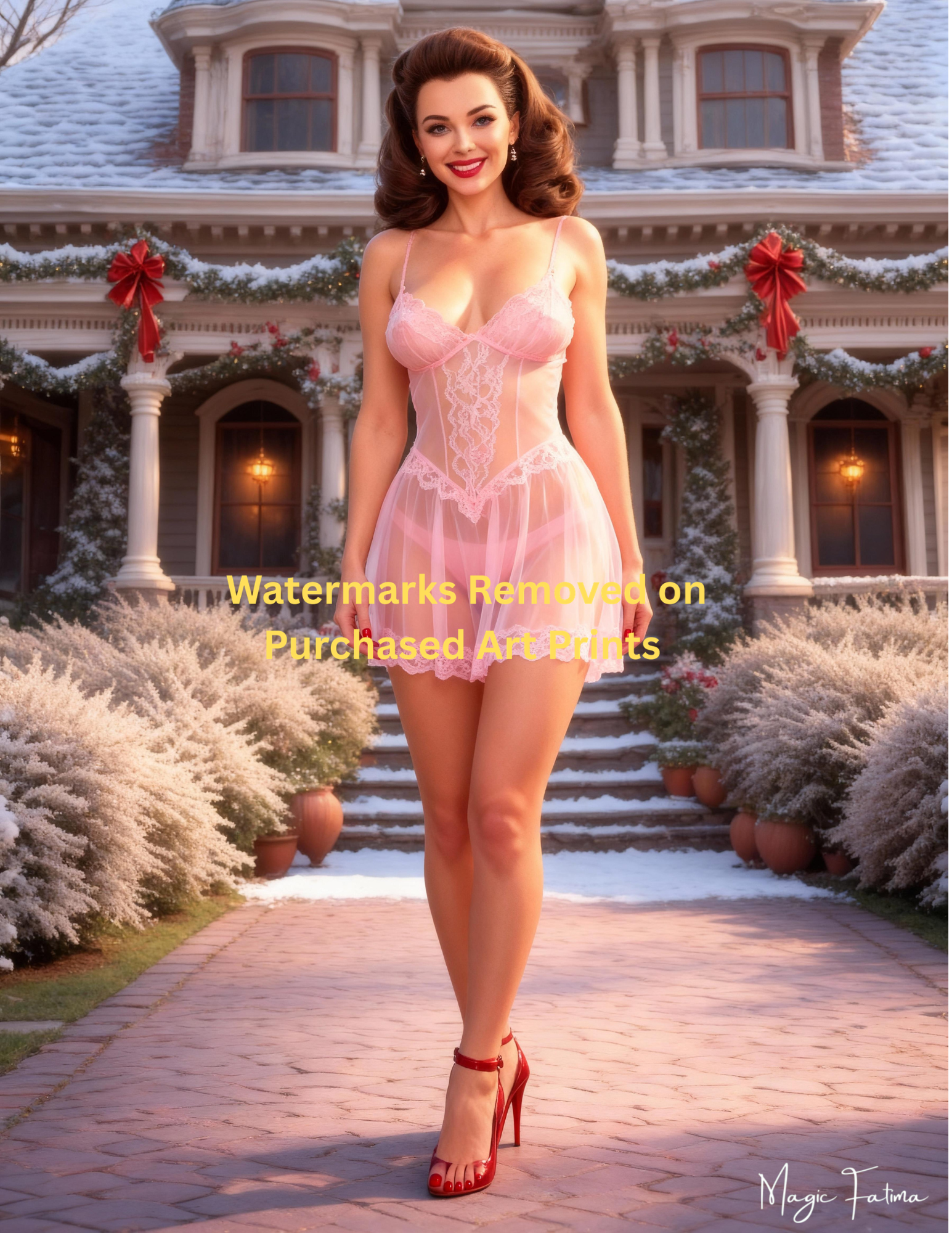 Woman in a pink lace outfit standing in front of a decorated house with Christmas bows with nude version included free